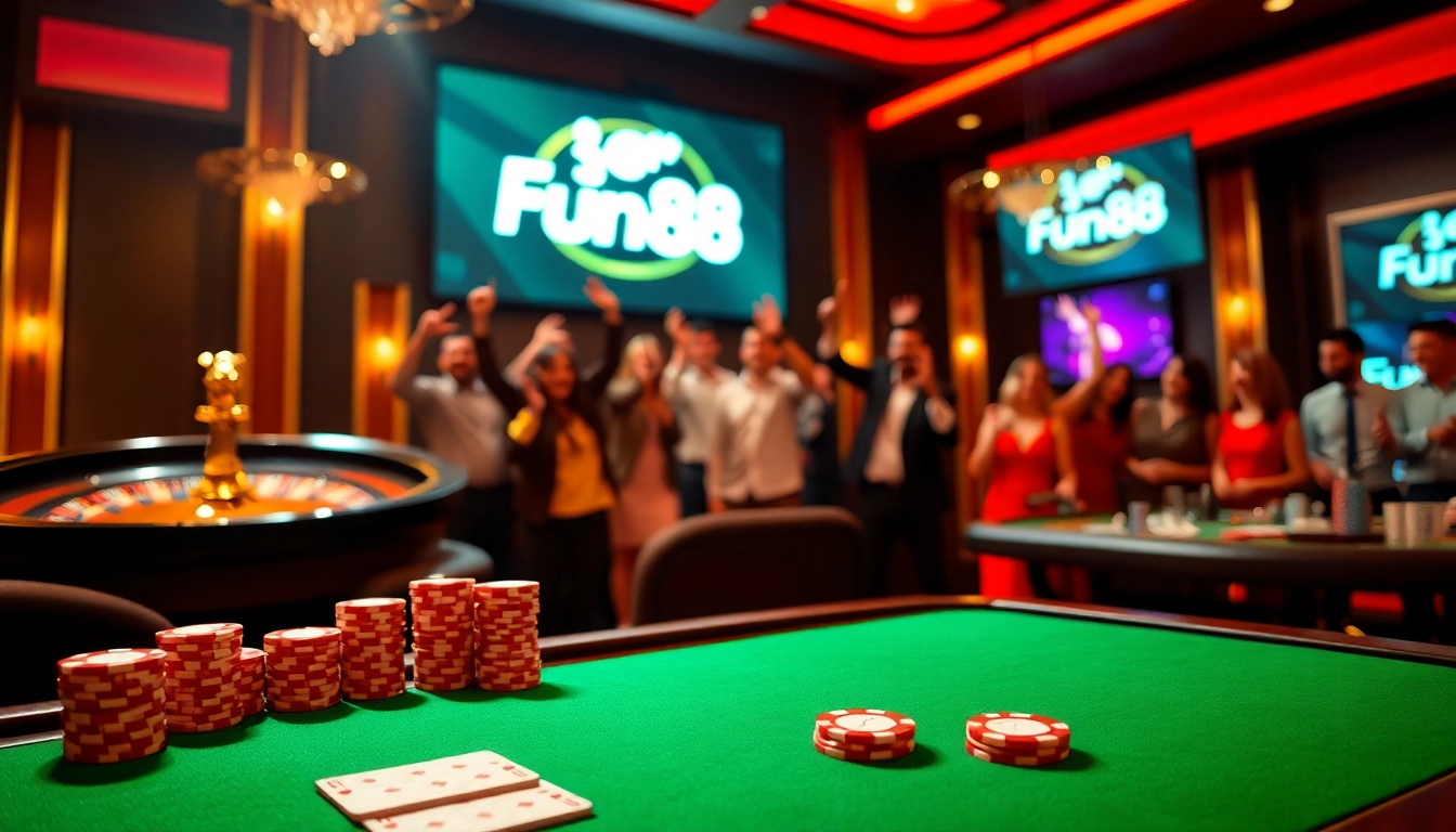 Engaged players celebrating wins at Fun88's luxurious poker table in a vibrant casino setting.