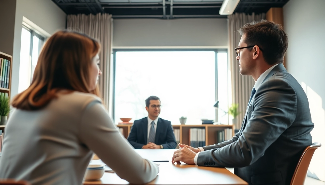 Engaged intellectual property lawyer consulting with a client in a bright office setting.