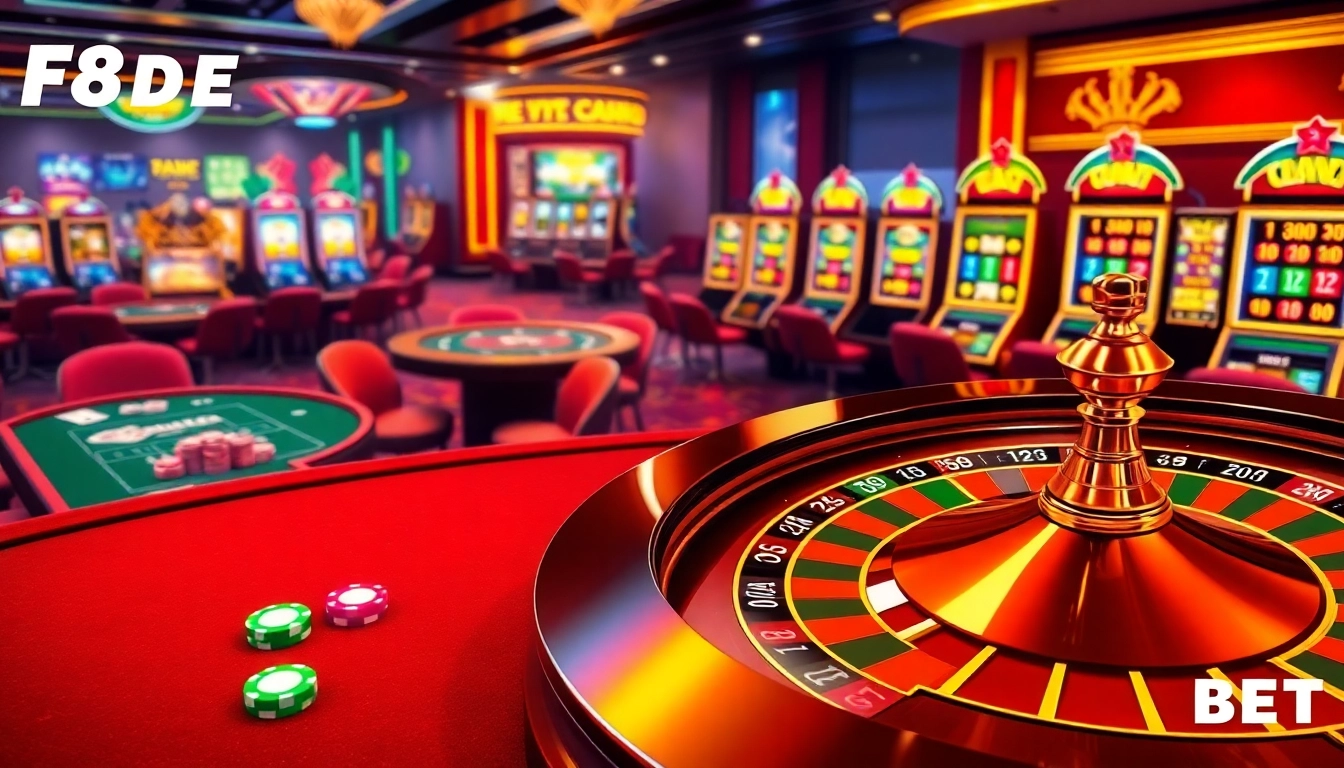 Experience thrilling gaming at F8BET with vibrant casino tables and roulette wheels.