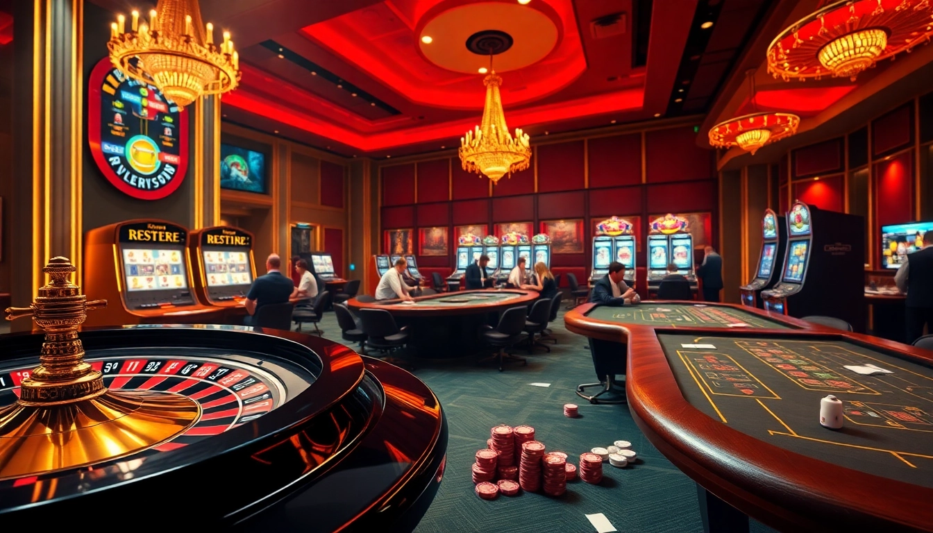 Experience the excitement of betting at https://rr88.wales/ with vibrant casino scenes showcasing poker tables and roulette wheels.