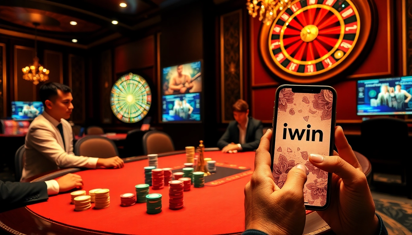 Engaging scene of iwin players at a luxury casino poker table with vibrant chips and cards.