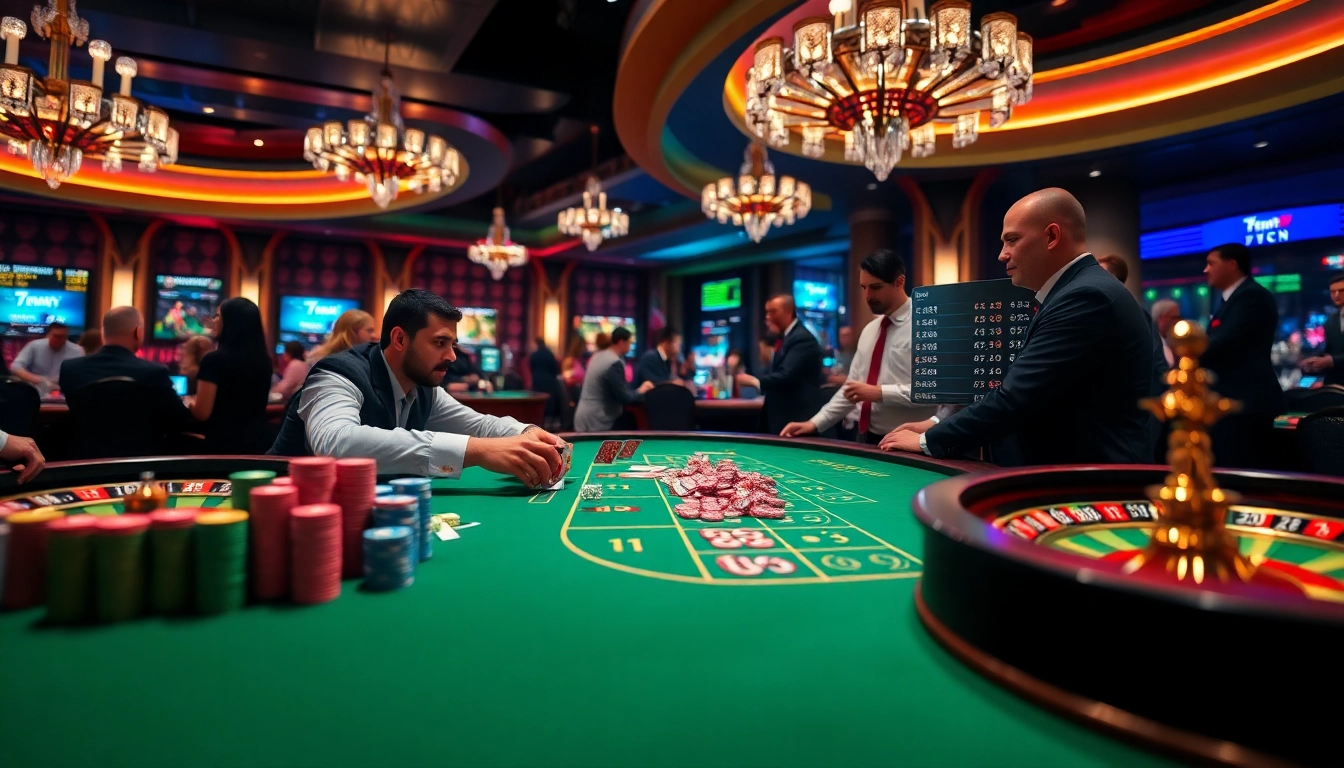 Experience thrilling gambling action at 7mcn with professional dealers and vibrant poker tables.