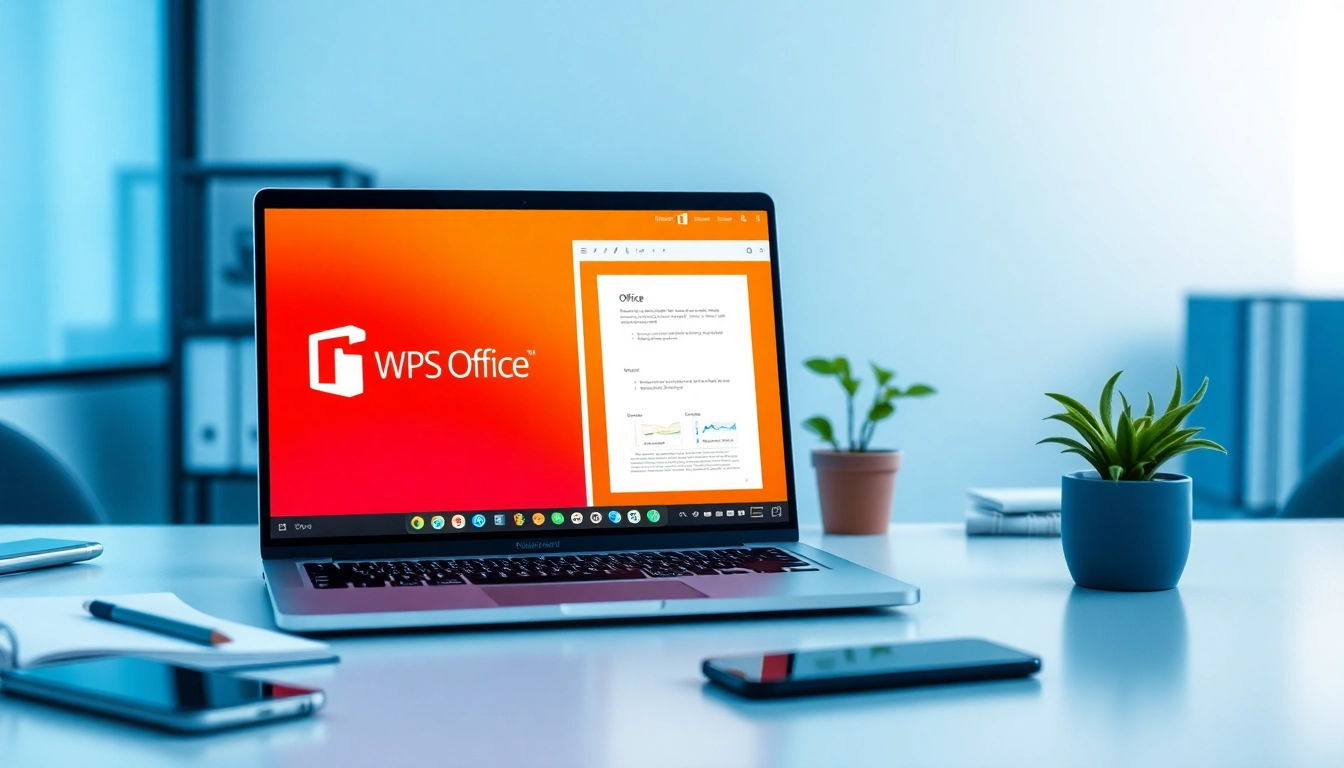 WPS下载 interface displayed on a modern laptop in a professional office workspace.