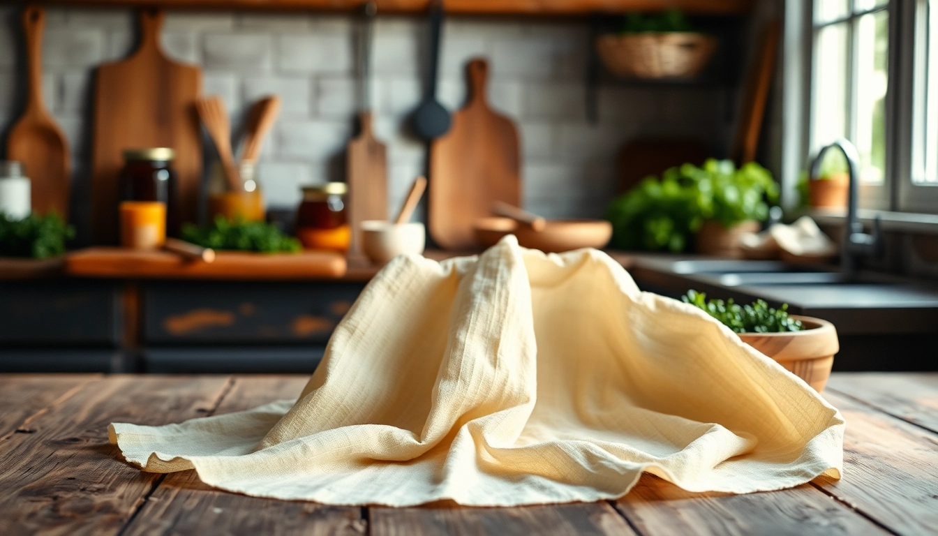 Gebruik van kaasdoek in een rustieke keukenomgeving met natuurlijk licht.