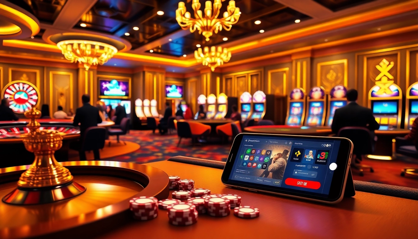 A captivating casino scene showcasing the excitement of betting and the link vao w88 for online gambling.