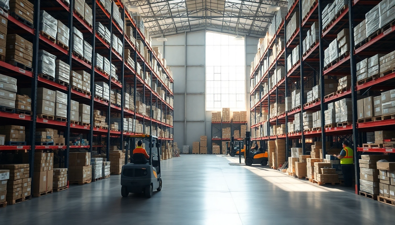 Warehouse stocked with goods and equipment, showcasing efficiency and organization.