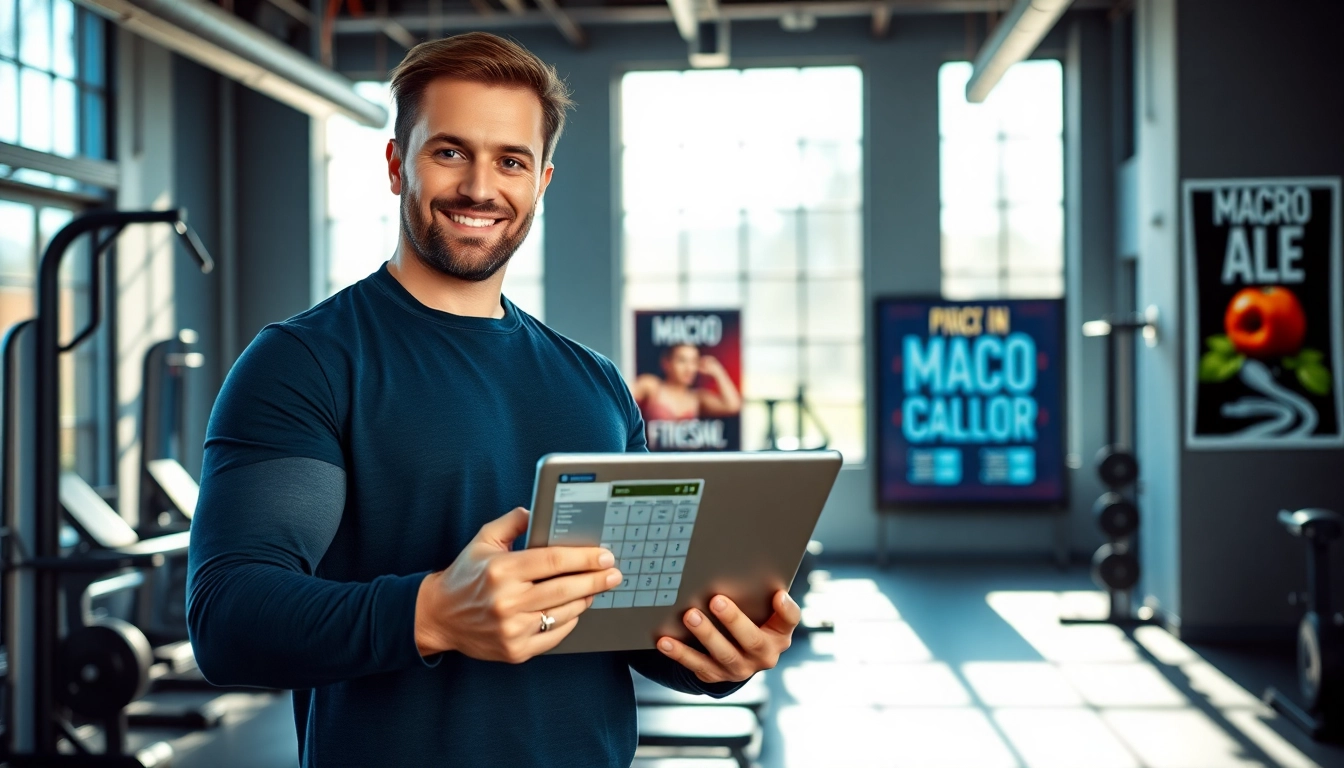 Engaging fitness coach using a macro calculator in a modern gym setting.