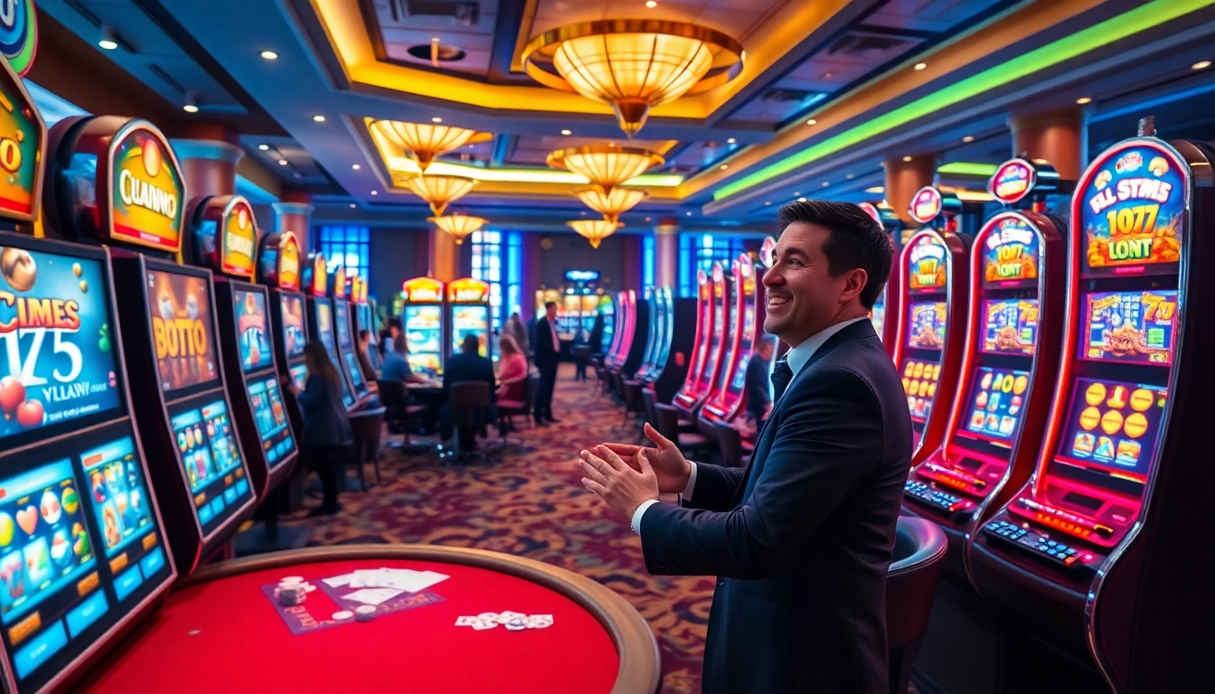 Toto slot machines in a vibrant casino scene with players enjoying their game.