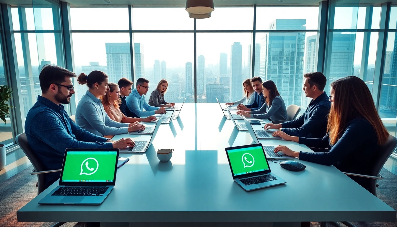 Engaged team discussing WhatsApp Smart CRM functionalities in a modern office.