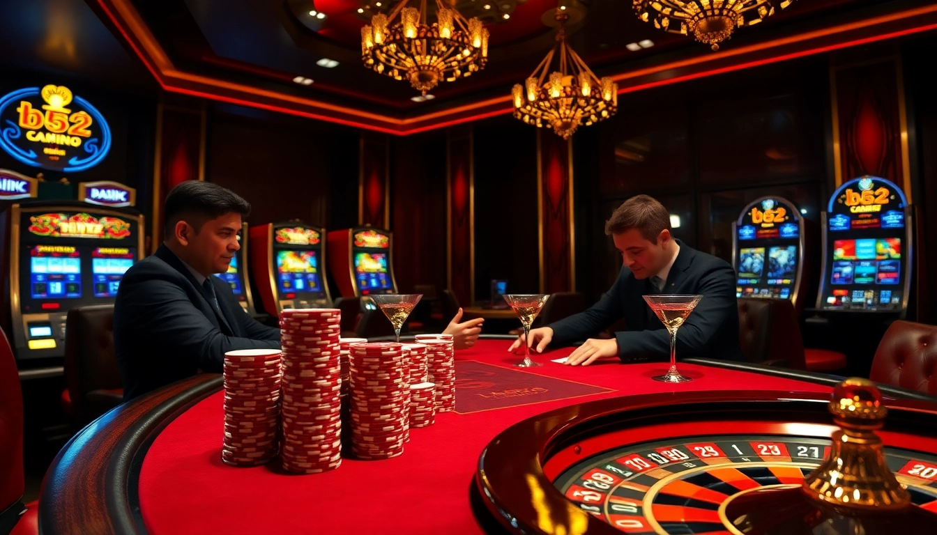 Engage in high-stakes gambling at b52 poker table with colorful chips and exciting atmosphere.