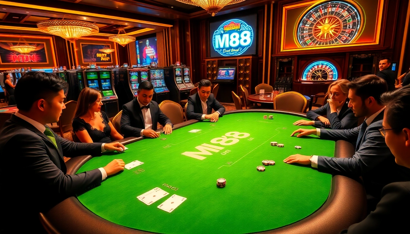 M88-themed casino scene with players at a poker table, enhancing the gambling experience.