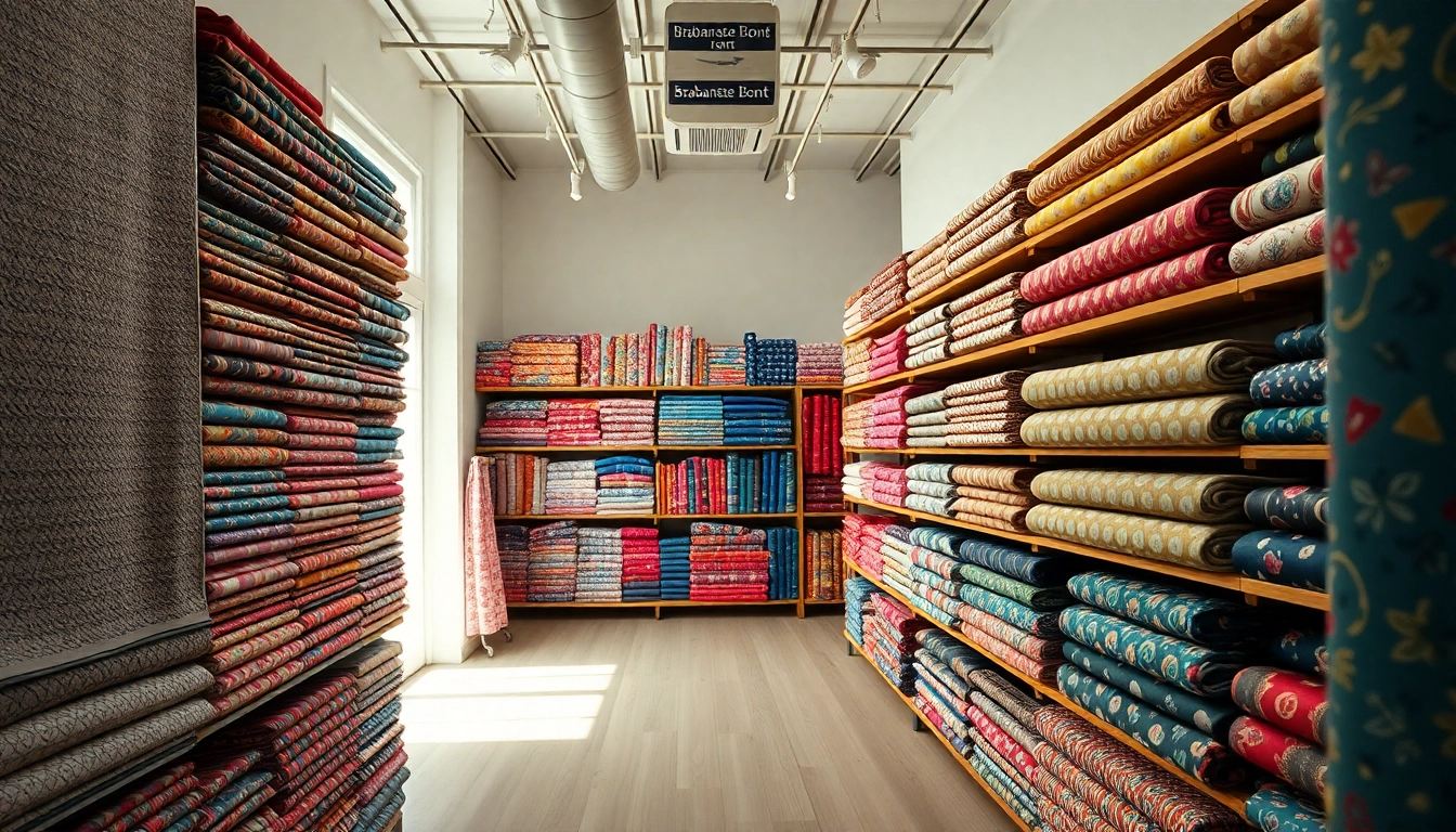 Verken het uitgebreid assortiment brabantse bont stof met kleurrijke patronen in een moderne textielwinkel.