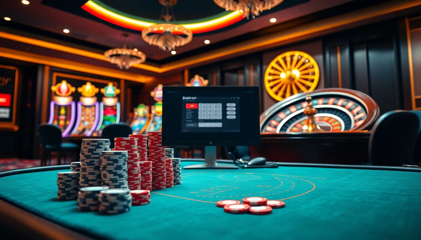 SboBet login terbaru interface in a luxurious casino setting, showcasing exciting gambling elements.