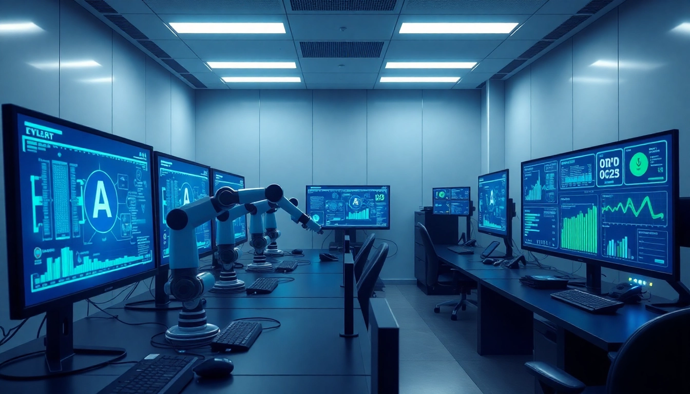Innovative cybersecurity lab showcasing AI monitoring tools and data visualizations, highlighting cybersecurity ai trends.