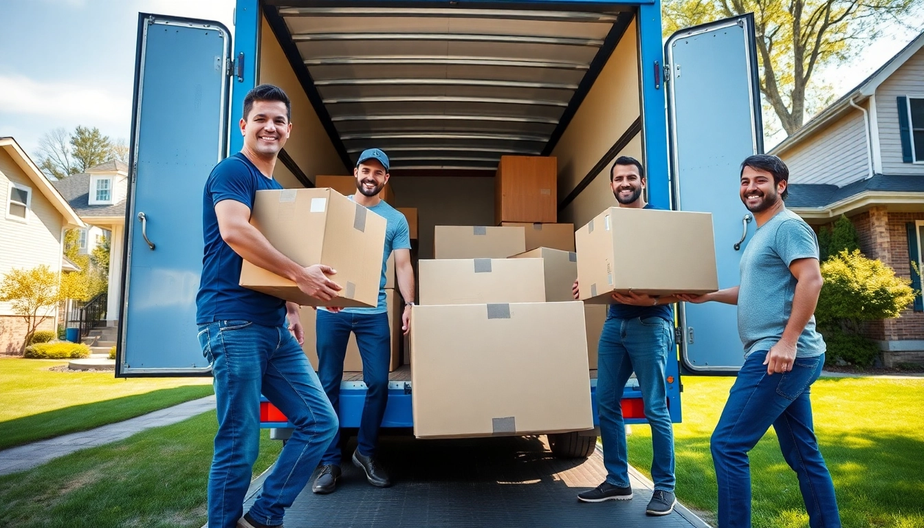 Movers efficiently handling Worcester removals services by loading items into a truck, set in a suburban neighborhood.
