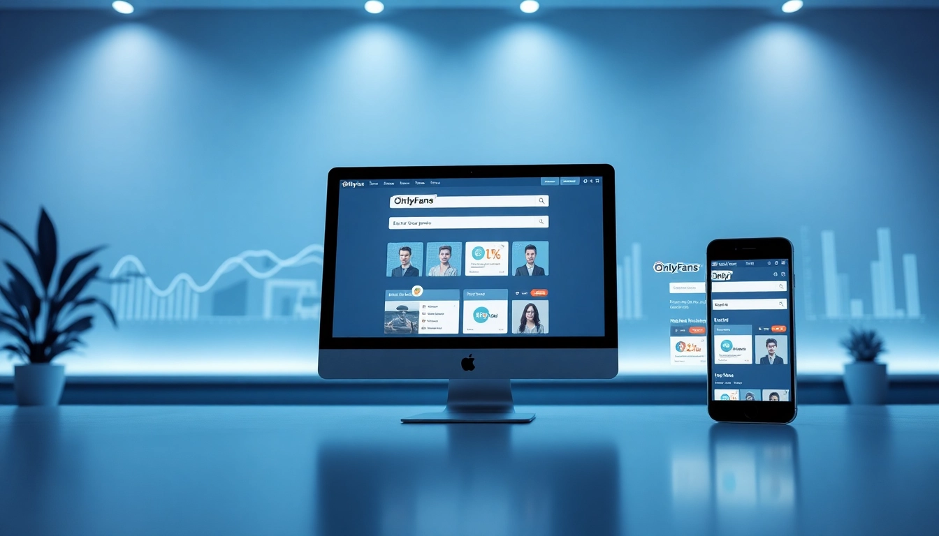 Comparison of OnlyFans search engines displayed on digital devices in a modern workspace.