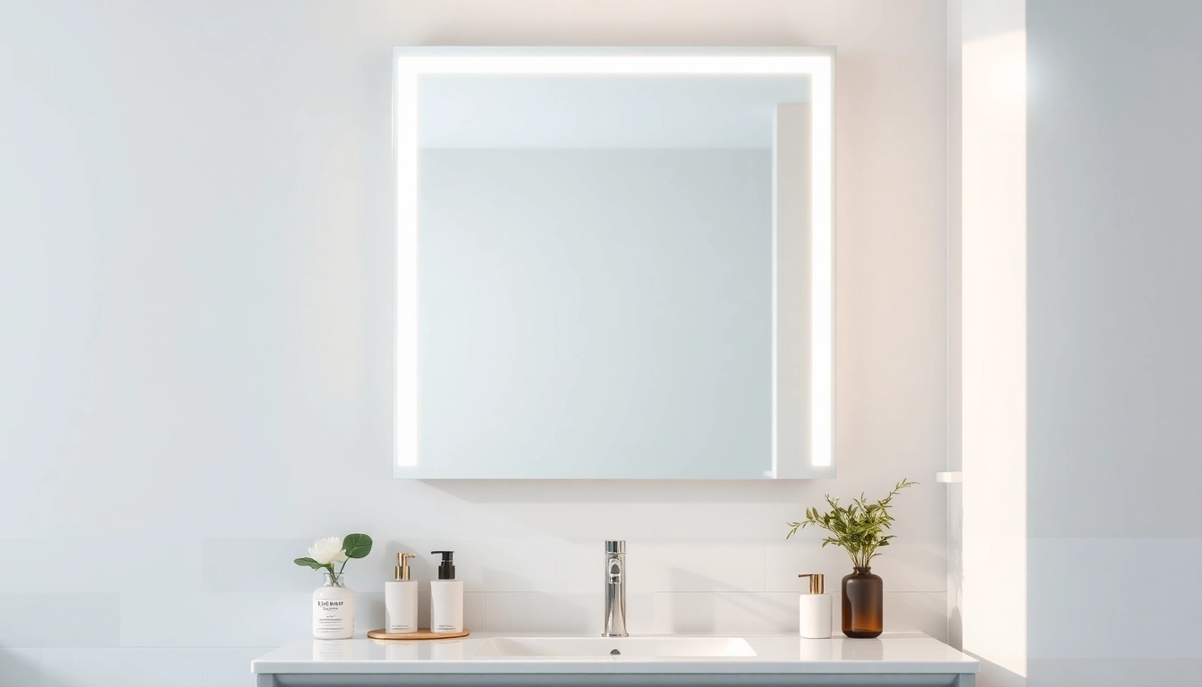 Featuring a mirror with Lights reflecting a modern bathroom's elegant design.