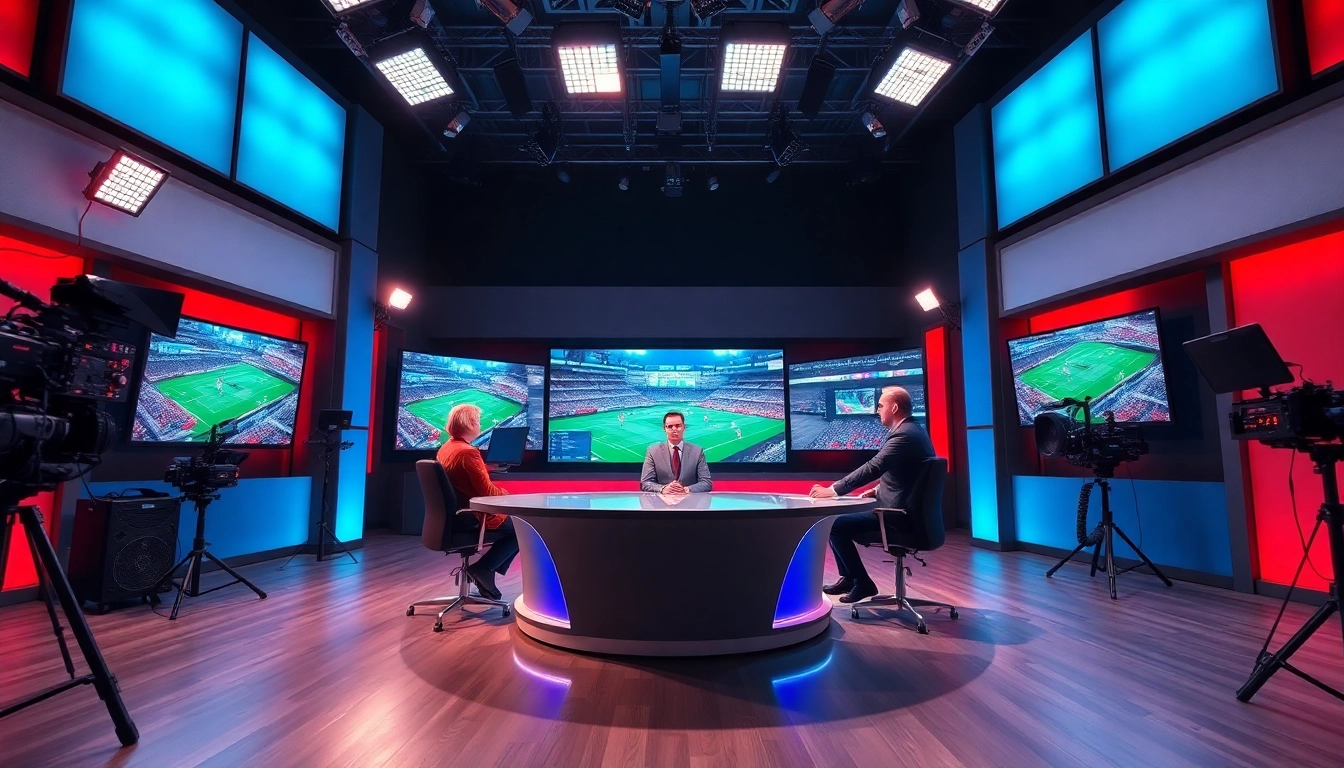 Engaging scene of sports broadcasting setup showcasing equipment and live sports events.