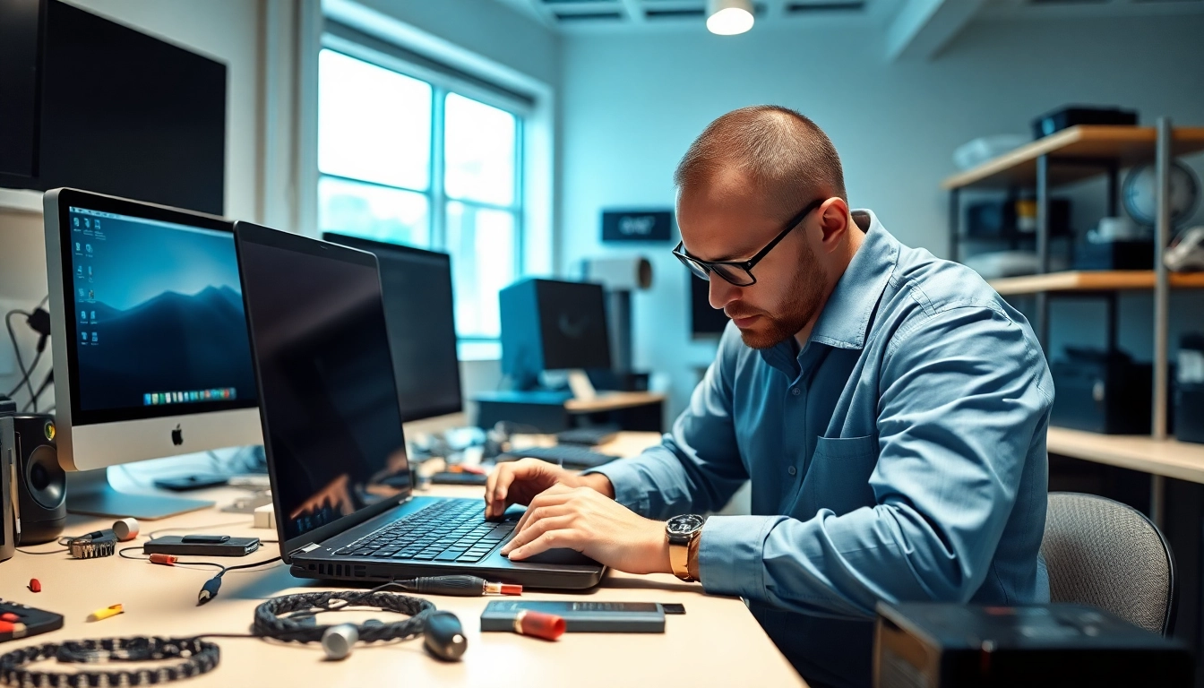 Technician performs Computer repair on a laptop, showcasing a bright, modern workspace.