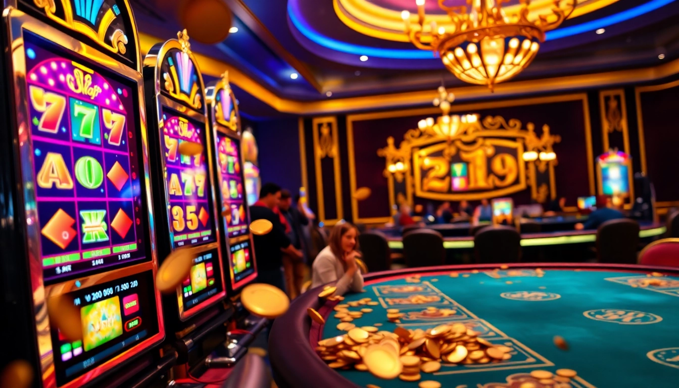 Players enjoying the idnslot experience at a luxurious casino slot machine with jackpot symbols and cascading coins.