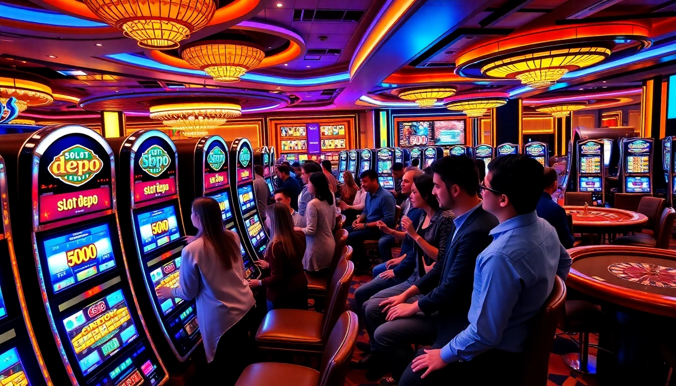 Pemain menikmati kegembiraan Slot Depo 1000 di kasino yang ramai penuh lampu dan jackpot.
