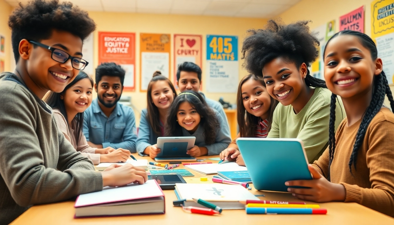 Dynamic classroom scene highlighting education equity with diverse students engaged in collaborative learning activities.