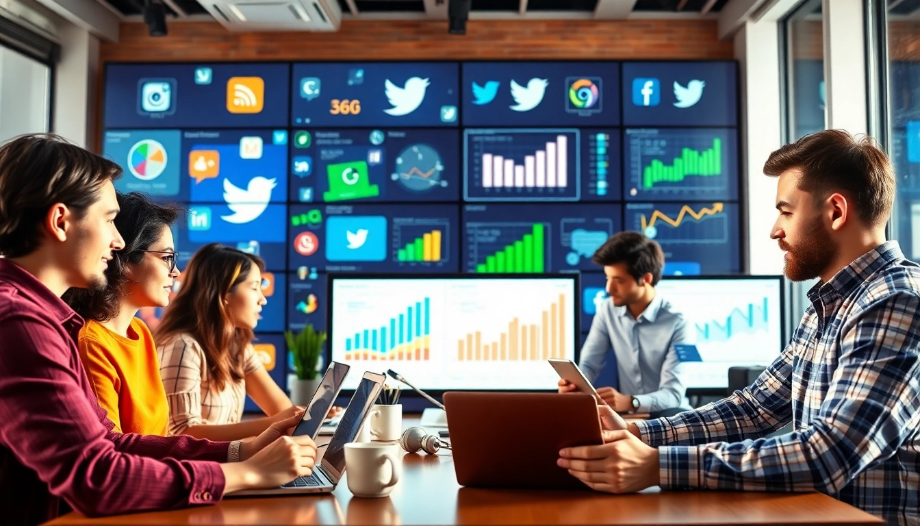Engaging visual depicting Social Media Marketing strategies with marketers collaborating and analyzing data.