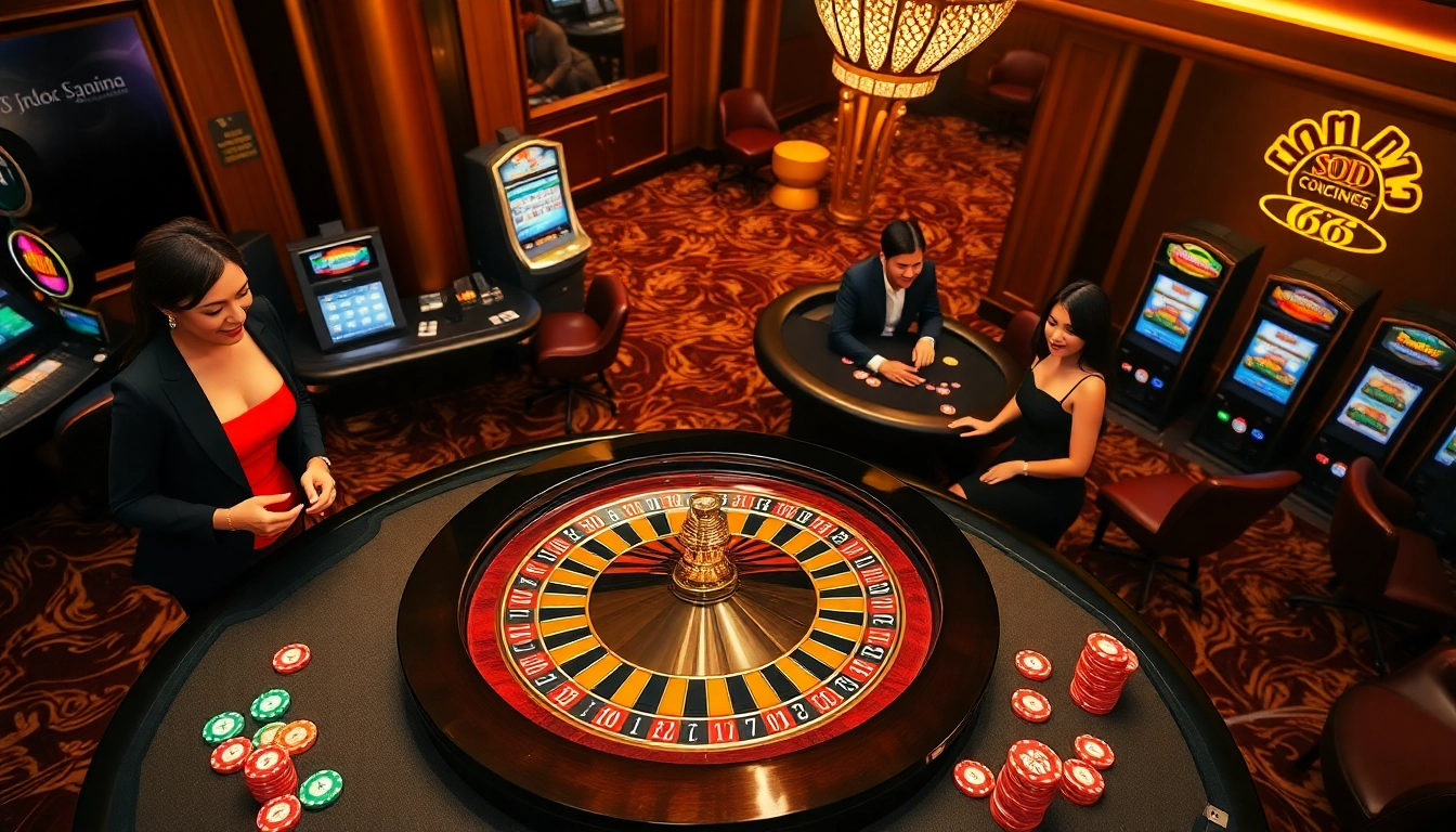 SODO66 casino scene showcasing a vibrant roulette wheel and excited players at a blackjack table.