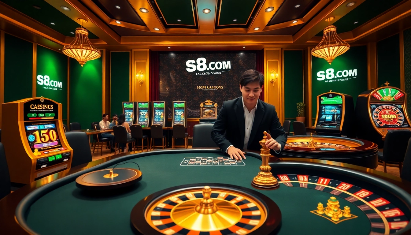 Experience thrilling gaming on S8.COM with a captivating casino scene showcasing luxury and excitement.