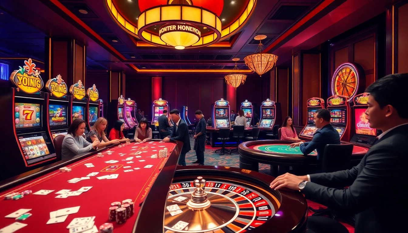 Engage with the thrilling atmosphere of Trang chủ Haywin, showcasing dynamic gambling actions at a modern casino setting.