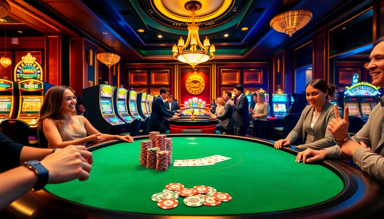 Exciting casino scene with cm88 gaming table, colorful poker chips, and vibrant ambiance.