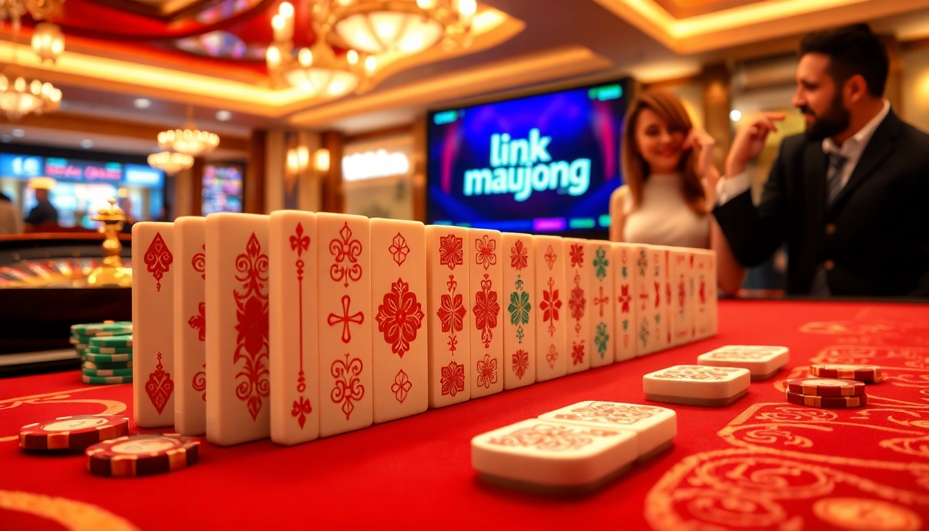 Bergabunglah dalam Link Mahjong saat bermain di meja kasino mewah yang dikelilingi chip poker.