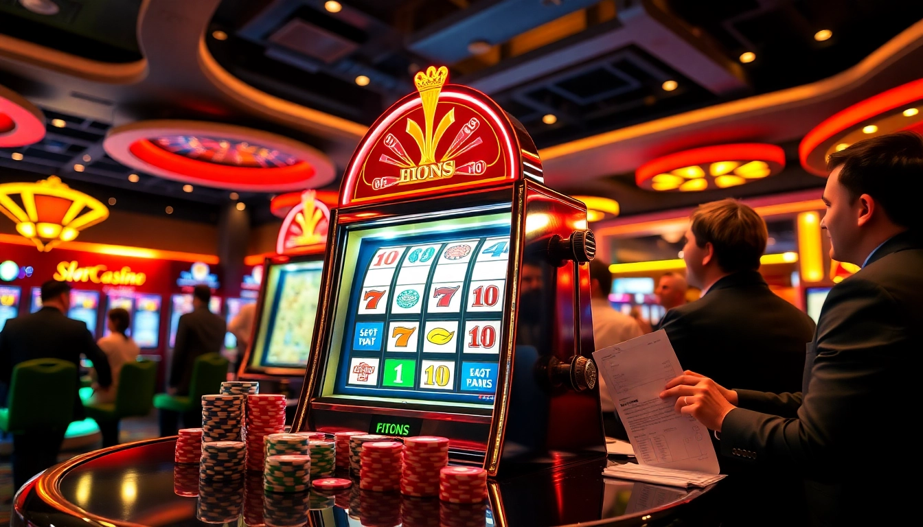 Pemain merasakan sensasi slot depo pulsa di mesin permainan kasino yang penuh warna, menampilkan aksi dan kemewahan.