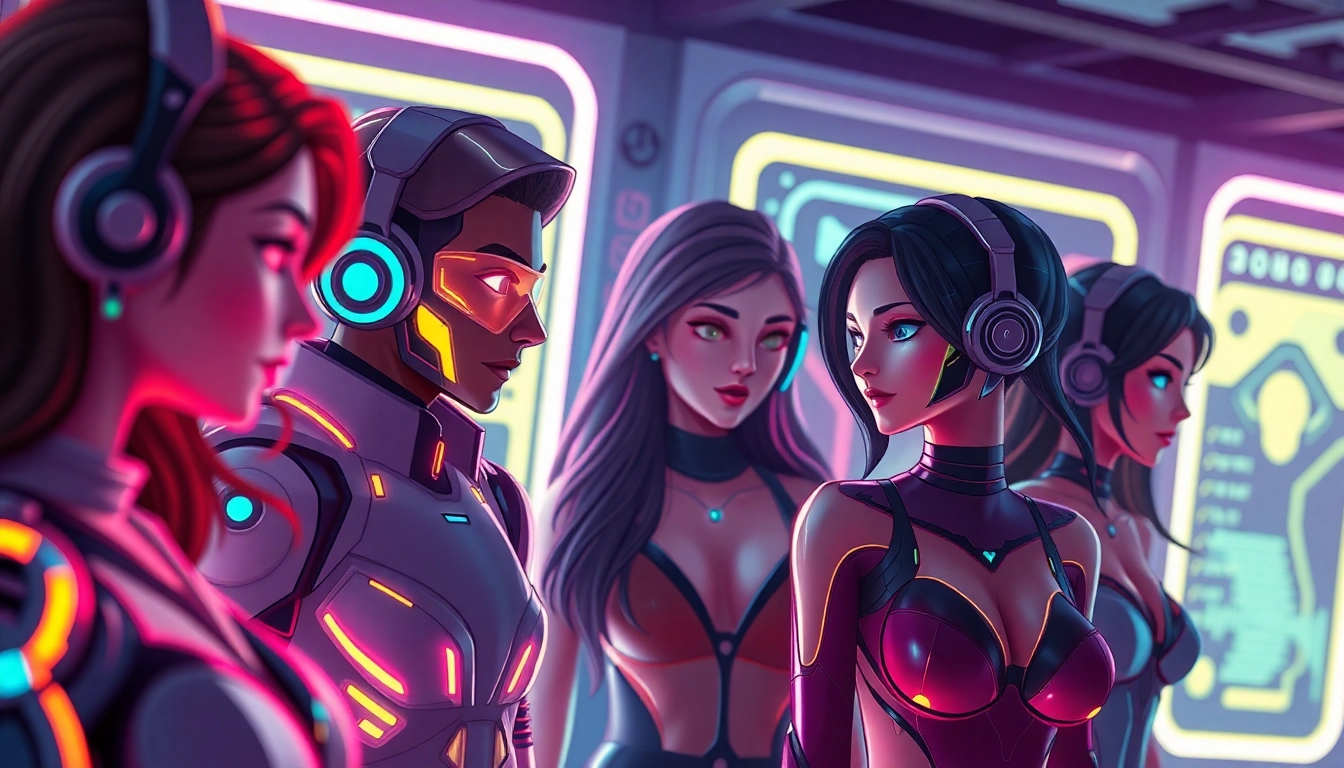 Engaging character AI NSFW chat interface with diverse, vibrant characters in a futuristic tech setting.