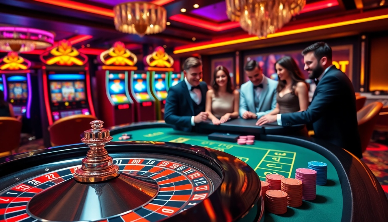 MM88 players engaging with roulette and poker in a luxurious casino setting.