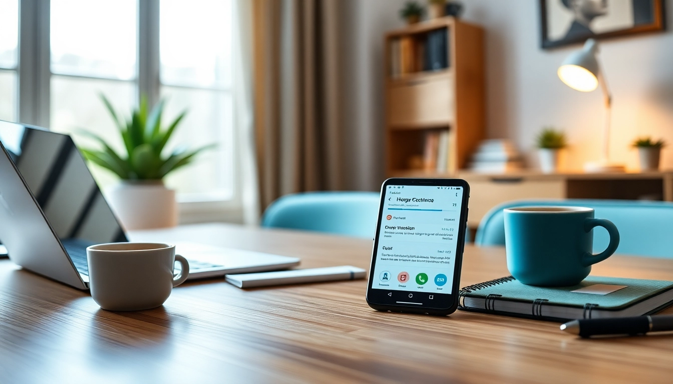 FM WhatsApp download displayed on a modern smartphone in a cozy home office setting.