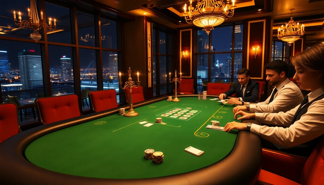 The b52 club features an upscale poker table with vibrant chips and players engaged in the game.