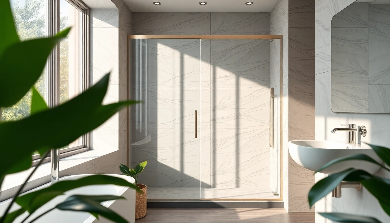 Browse elegant shower doors with sleek designs and luxurious finishes in a modern bathroom setting.