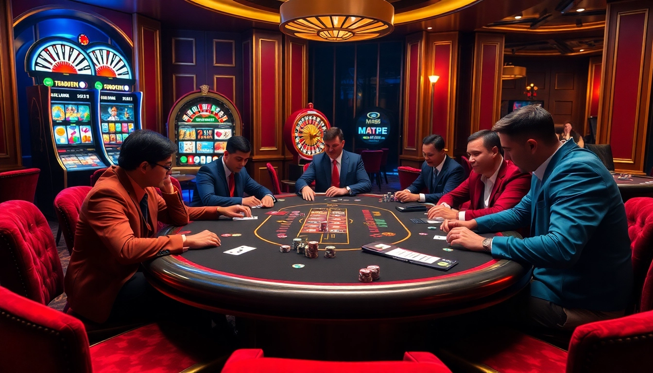 Players enjoying an exhilarating poker game at the MM88 casino table, surrounded by vibrant gaming elements.