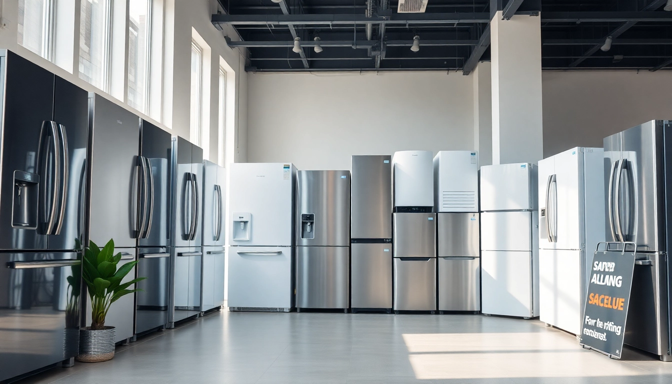 Showcase of diverse refrigerator sales options in a modern showroom.