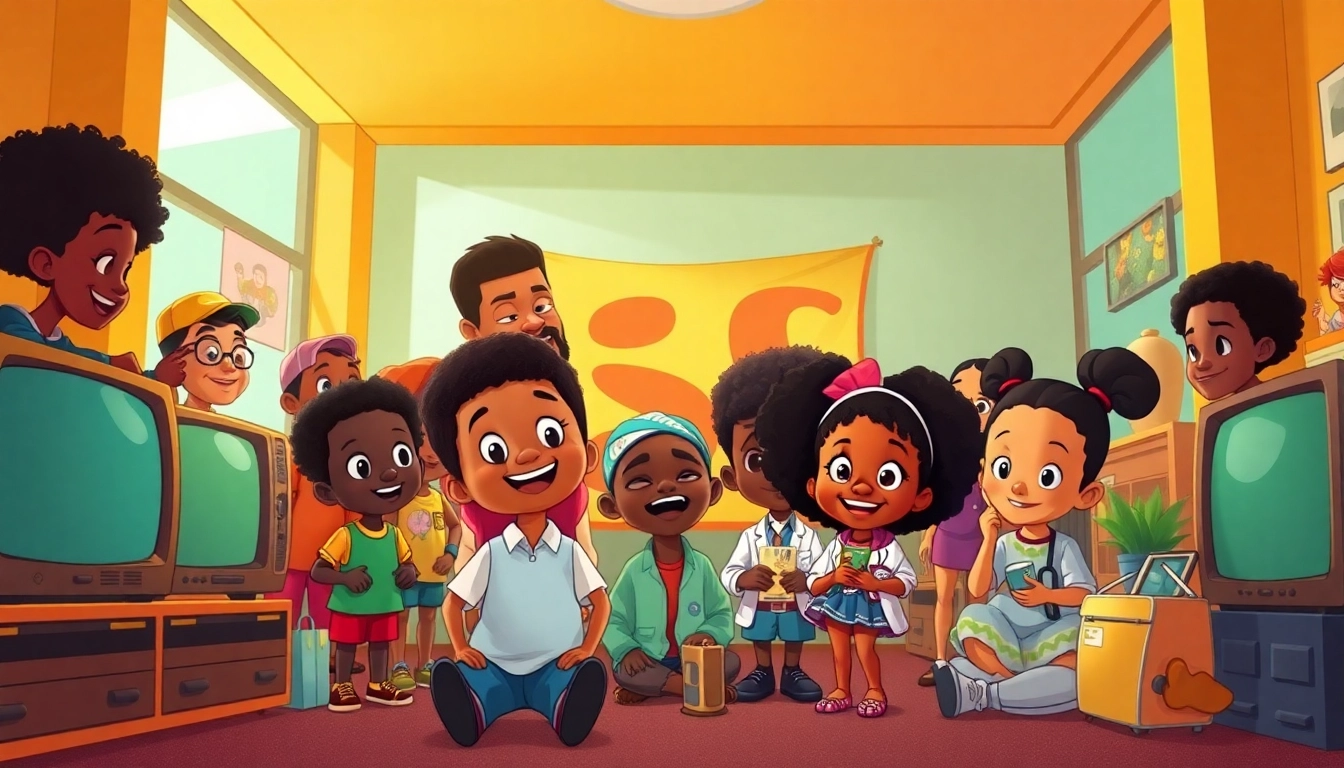A celebration of African American cartoons showcasing diverse animated characters in a colorful and joyful setting.