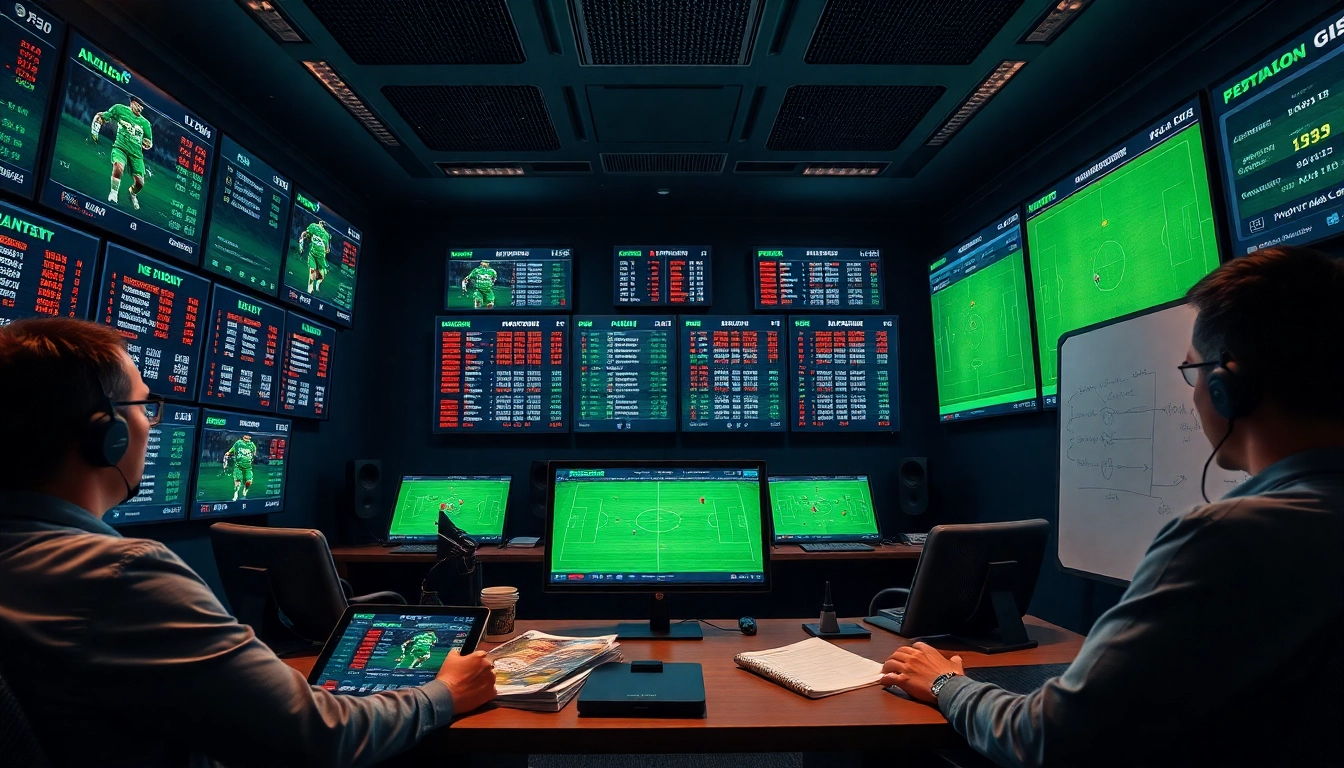Football analysis room showcasing tỷ lệ kèo and live scores with analysts at work.