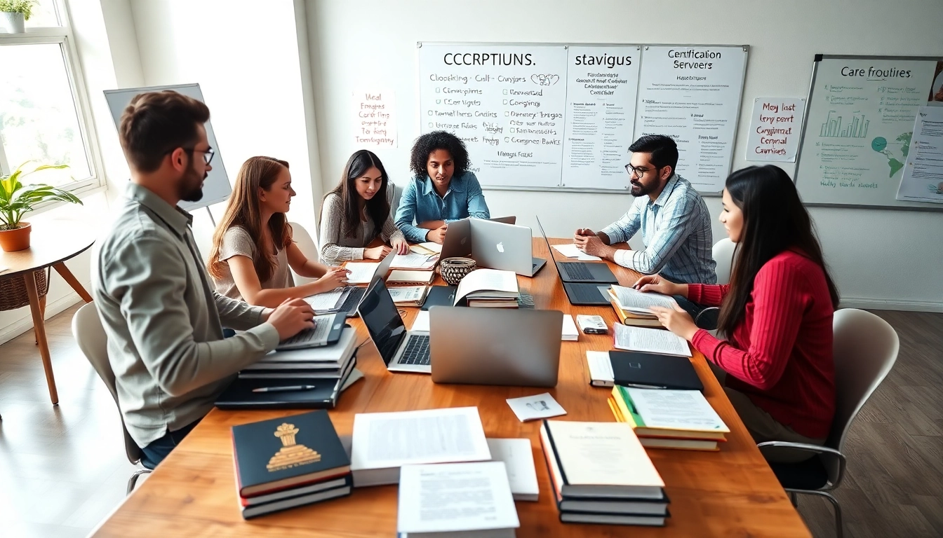 Individuals collaborating for certification exam support in a lively study setting.