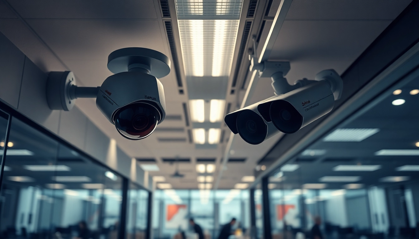 Cámaras Dahua instaladas en un entorno empresarial moderno, que muestran tecnología de seguridad avanzada.