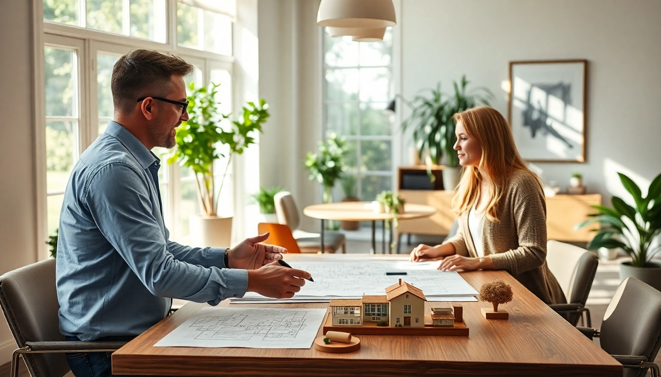 Start a residential architecture project with an architect and homeowner discussing designs in a modern office.
