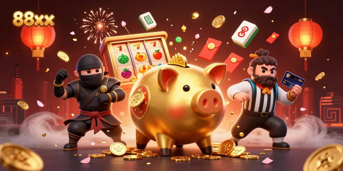 Engage with the 88xx slot gaming scene featuring dynamic characters including a sumo wrestler and samurai referee.