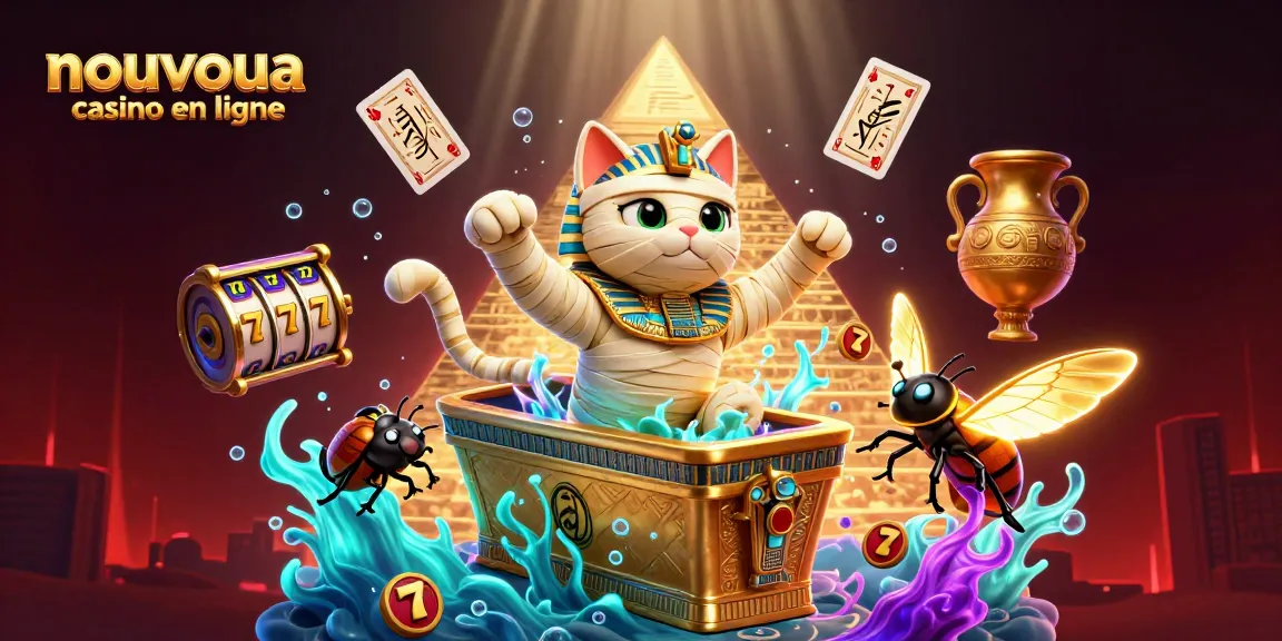Découvrez le nouveau casino en ligne avec une illustration de chat momie égyptienne dans un casino pyramidal.