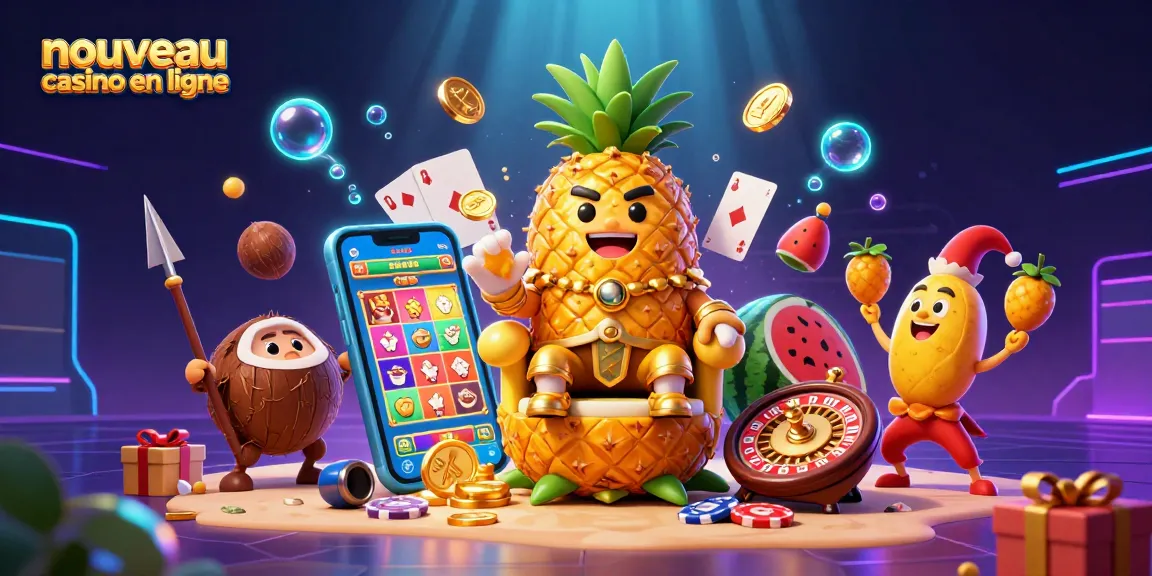 Nouveau casino en ligne : scène animée avec un roi ananas, des gardes noix de coco et un jongleur de mangue sur un fond de casino.