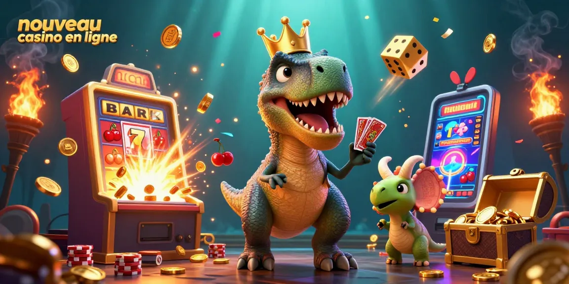 Nouvelle illustration de casino en ligne avec un T-Rex amical jouant aux cartes entouré de machines à sous et de richesses