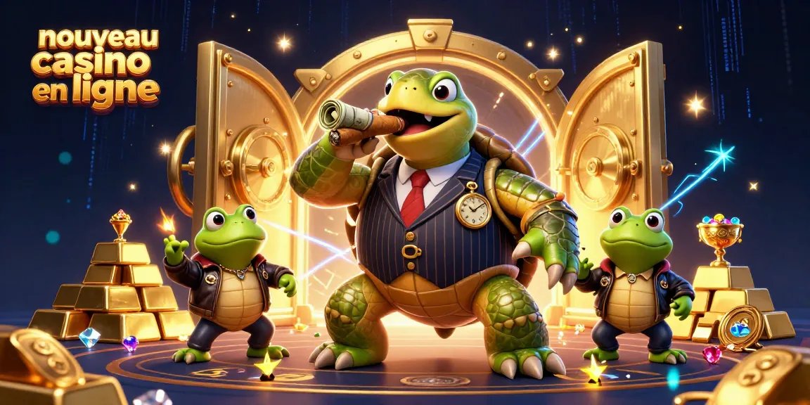Découvrez une scène dynamique avec un nouveau casino en ligne où une tortue et des grenouilles veillent sur un trésor scintillant.